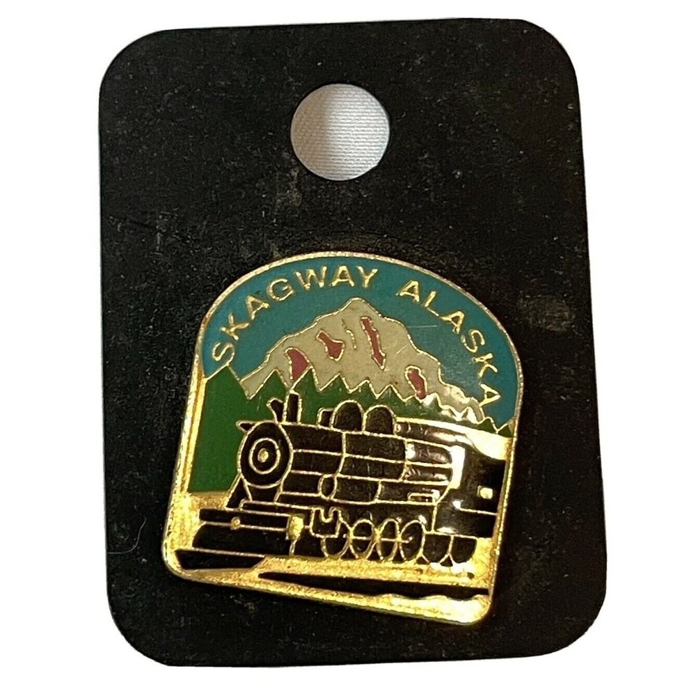 Skagway Alaska Railroad Train Mountains Souvenir Lapel Pin Blue NOS Travel